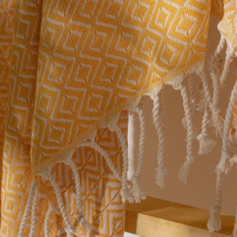 Prosop plaja XXL bumbac 100%, 100x180 cm, galben cu franjuri, ultra absorbant și compact.