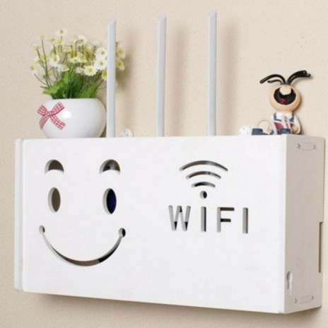 Raft suport Router Wireless din lemn pentru mascare fire si echipament WIFI, alb