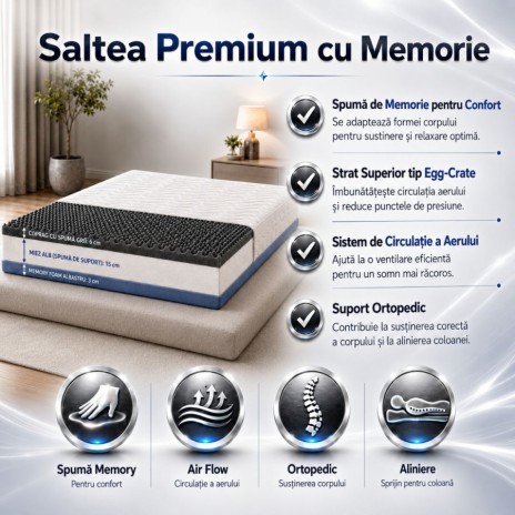 saltea Memory Air Ortopedic 25 cm 120x200 cm Ralex Pucioasa cu memory foam si husa detasabila