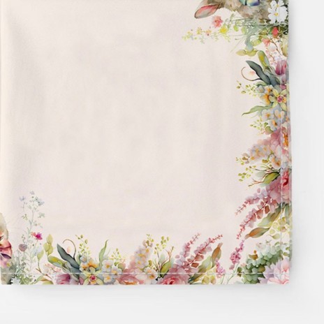 Șervet de masă din bumbac 45x45cm, set 4 bucăți, model Vinca cu iepurași și flori pastelate, decor elegant pentru masa de Paște