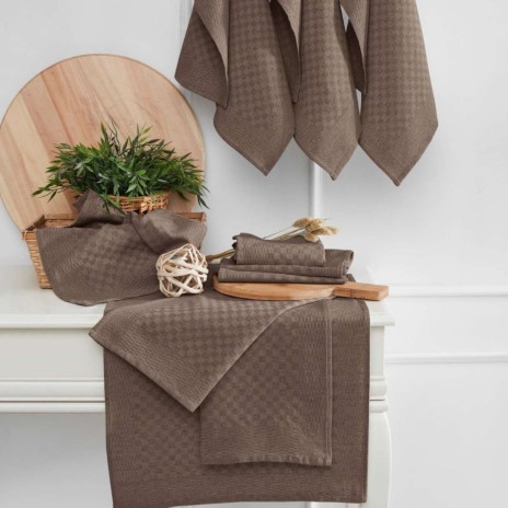 Set 10 prosoape bucatarie Lola maro 40x60 cm bumbac si poliester, in patratele