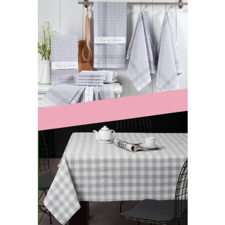 Set 11 piese - Fata masa in carouri 160x220cm si 10 prosoape bucatarie bumbac 100%, Gri deschis/Alb