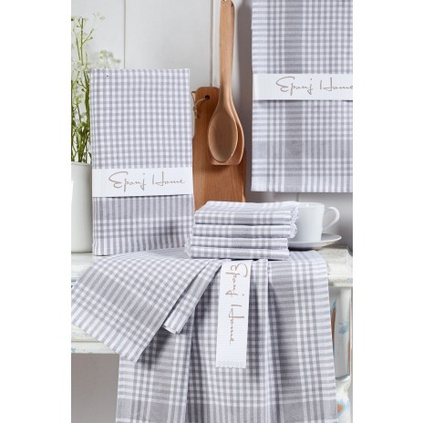 Set 11 piese - Fata masa in carouri 160x220cm si 10 prosoape bucatarie bumbac 100%, Gri deschis/Alb