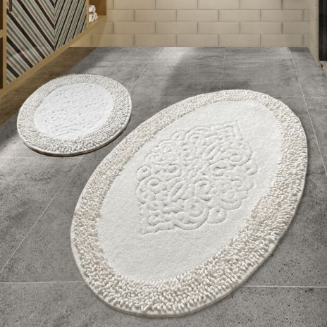set 2 covorase baie ovale bumbac Alessia Home Piante Ecru cu model in relief si verso textil finisat