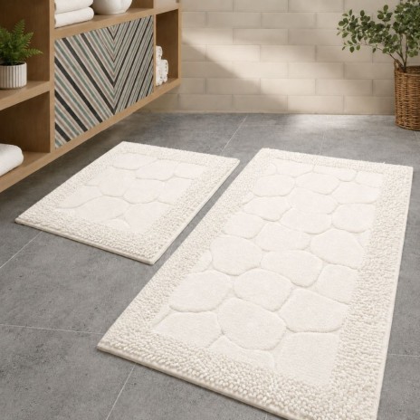 set 2 covorase baie bumbac Alessia Home Stone Ecru antiderapante cu model in relief