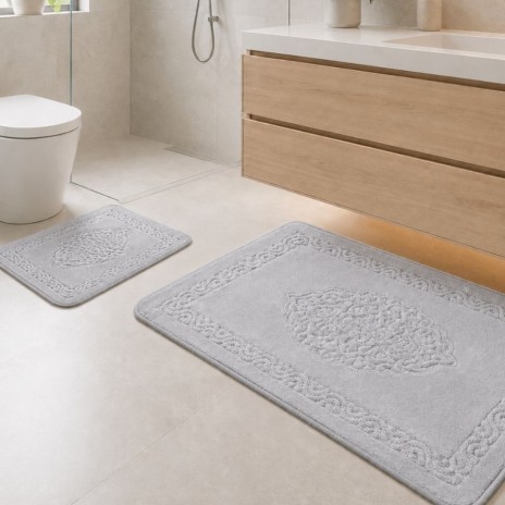 set 2 covorase baie bumbac Elite Gri Tropik Home cu model embosat si bordura decorativa
