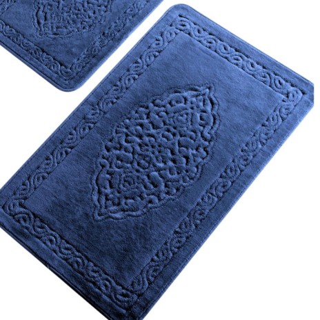 Set 2 covorase baie Tropik Home Elite albastru din bumbac cu model embosat, dimensiuni 60x100 si 50x60 cm