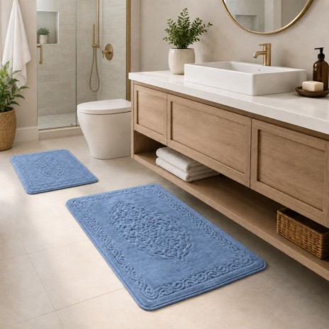 set 2 covorase baie bumbac Tropik Home Elite Albastru cu model embosat decorativ