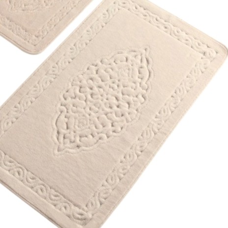 Set 2 covorase baie Tropik Home Elite bej din bumbac cu model embosat, dimensiuni 60x100 si 50x60 cm