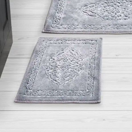 Set 2 covorase baie Tropik Home Elite gri din bumbac cu model embosat, dimensiuni 60x100 si 50x60 cm