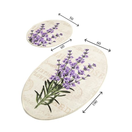 Set 2 covorase baie ovale Chilai Home Lavanda antiderapante cu model floral mov pe fundal crem