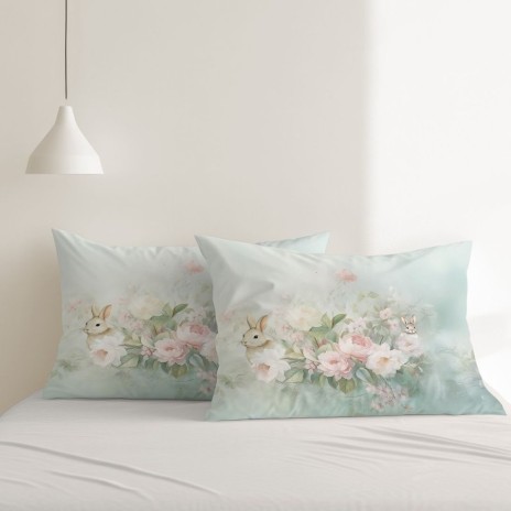Set 2 fete perna 3D 50x70 bumbac 100% ranforce Romeo 3D floral verde menta cu iepurasi imprimeu digital