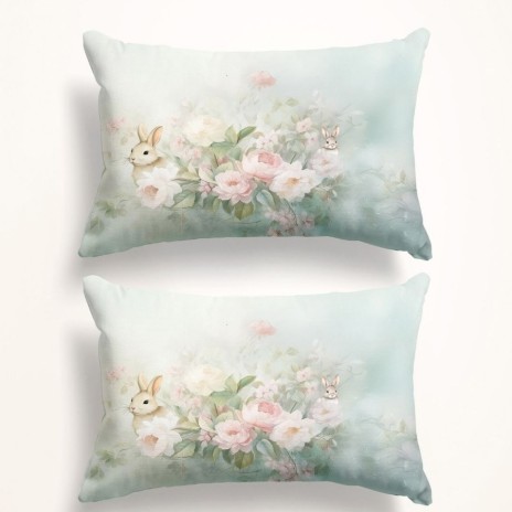 Set 2 fete perna 3D 50x70 bumbac 100% ranforce Romeo 3D floral verde menta cu iepurasi imprimeu digital