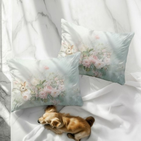 Set 2 fete perna 3D 50x70 bumbac 100% ranforce Romeo 3D floral verde menta cu iepurasi imprimeu digital
