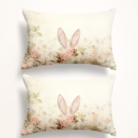 Set 2 fete perna 50x70 bumbac 100% ranforce Elon 3D floral pastel cu iepuras imprimeu digital