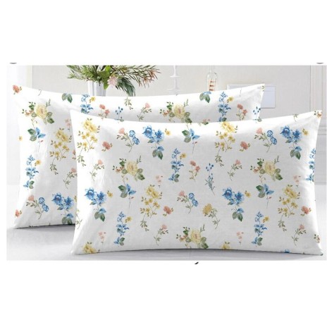 Set de două fețe de pernă cu design floral model Iria, 50x70 cm, fabricate din bumbac 100%, cu flori colorate pe fundal alb