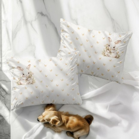 Set de 2 fețe de pernă 50x70 cm, model Ginny, cu imprimeu digital 3D cu iepurași și fluturi aurii pe fundal crem deschis.
