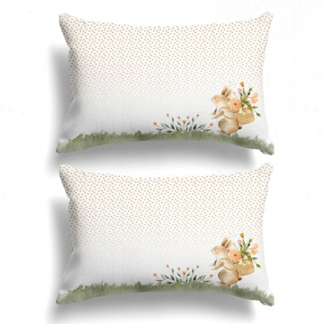 Set 2 fete de perna 50x70 cm bumbac ranforce model Londy cu iepuras si flori de primavara