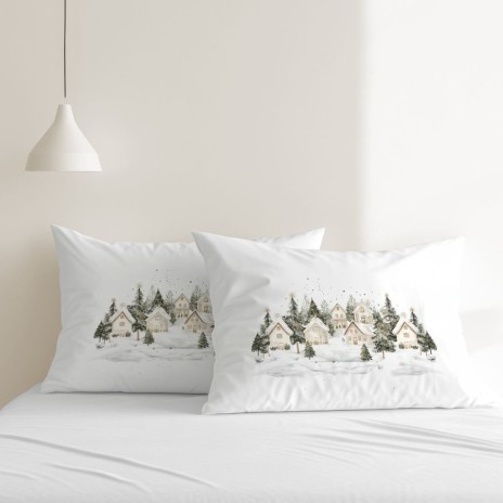 Set 2 fete perna craciun snowy bumbac 100 ranforce cu brazi si casute