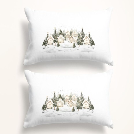 Set 2 fete perna craciun snowy bumbac 100 ranforce cu brazi si casute