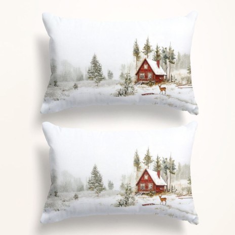 Set 2 fete de perna craciun glow bumbac 100% 50x70cm cu cabana si peisaj de iarna