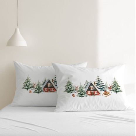 set 2 fete de perna craciun cabin 50x70cm bumbac 100% cu cabane si brazi