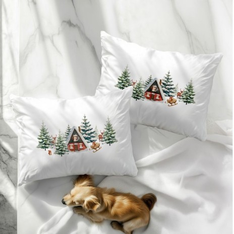 set 2 fete de perna craciun cabin 50x70cm bumbac 100% cu cabane si brazi