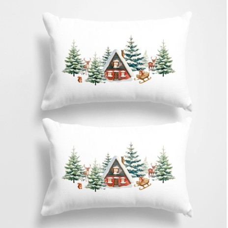 set 2 fete de perna craciun cabin 50x70cm bumbac 100% cu cabane si brazi