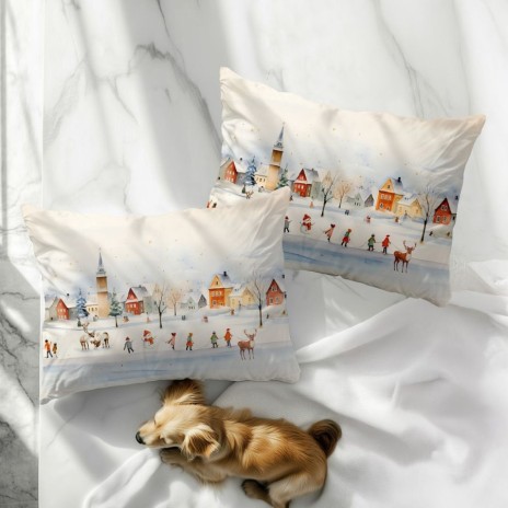Set 2 fete de perna craciun joy bumbac 100% 50x70cm cu peisaj de iarna