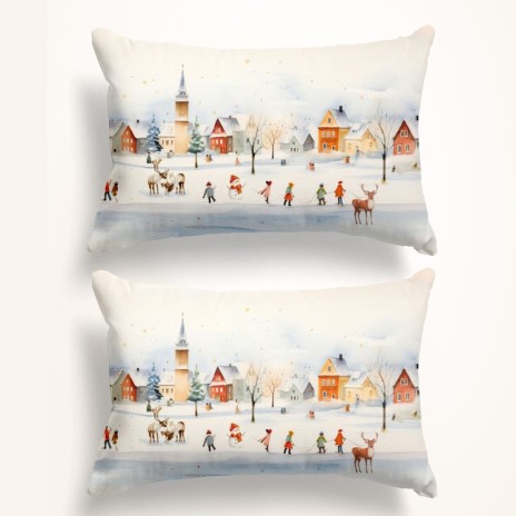 Set 2 fete de perna craciun joy bumbac 100% 50x70cm cu peisaj de iarna