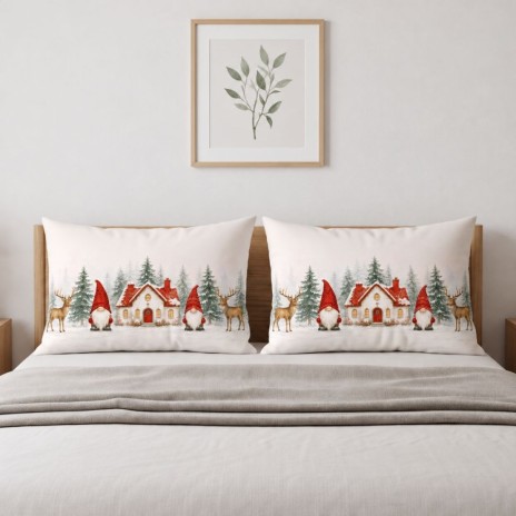 Set 2 fete de perna Craciun Koa 50x70 cm cu gnomi, casuta inzapezita, brazi si reni pe fundal crem