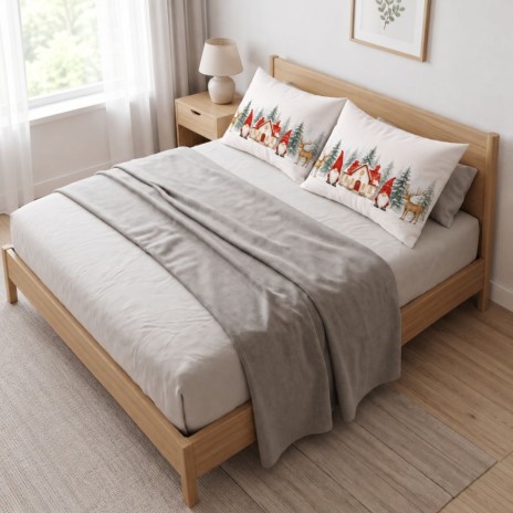 Set 2 fete de perna Craciun Koa 50x70 cm cu gnomi, casuta inzapezita, brazi si reni pe fundal crem