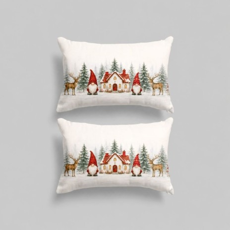 Set 2 fete de perna Craciun Koa 50x70 cm cu gnomi, casuta inzapezita, brazi si reni pe fundal crem