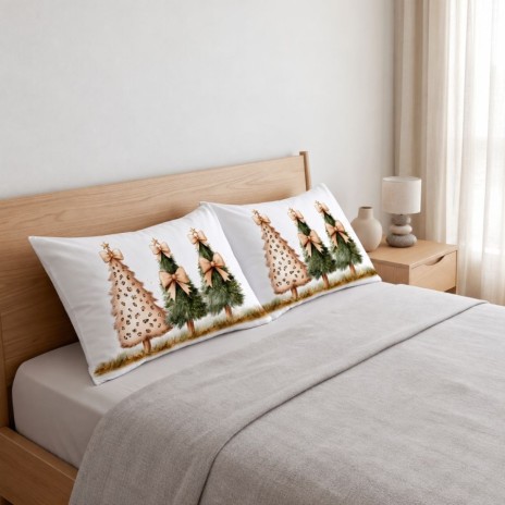 Set 2 fete de perna Craciun Leo 50x70 cm cu trei brazi verzi si bej, fundite champagne si stelute aurii