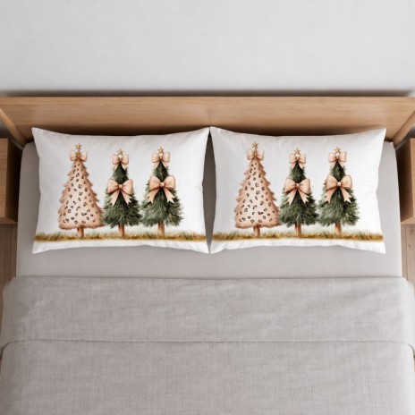Set 2 fete de perna Craciun Leo 50x70 cm cu trei brazi verzi si bej, fundite champagne si stelute aurii