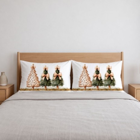 Set 2 fete de perna Craciun Leo 50x70 cm cu trei brazi verzi si bej, fundite champagne si stelute aurii