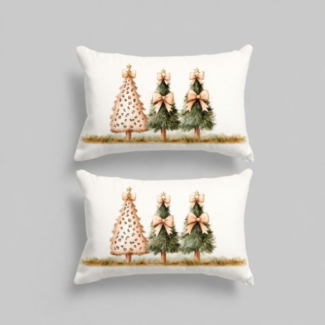 Set 2 fete de perna Craciun Leo 50x70 cm cu trei brazi verzi si bej, fundite champagne si stelute aurii