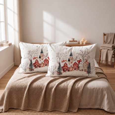 Set 2 fete perna craciun snowy bumbac 100 ranforce cu brazi si casute