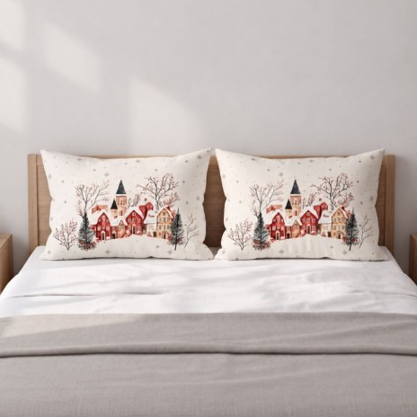 Set 2 fete perna craciun snowy bumbac 100 ranforce cu brazi si casute