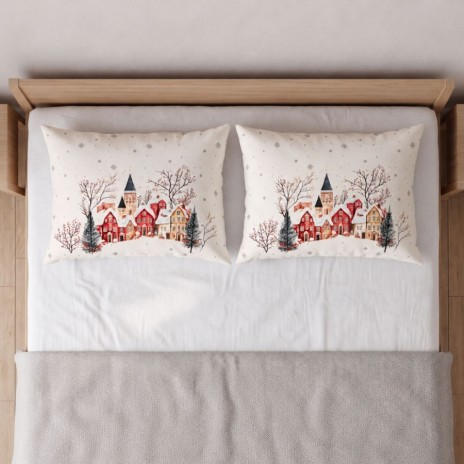 Set 2 fete perna craciun snowy bumbac 100 ranforce cu brazi si casute