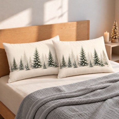Set 2 fete de perna Craciun Vanya 50x70 cm cu brazi inzapeziti verzi si gri pe fundal alb crem