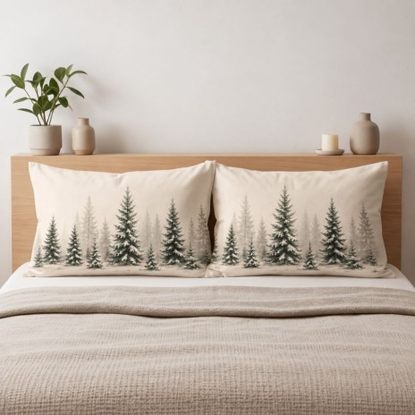 Set 2 fete de perna Craciun Vanya 50x70 cm cu brazi inzapeziti verzi si gri pe fundal alb crem