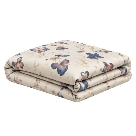 Set Elery bej cu fluturi albastri si roz, bumbac ranforce, cearsaf pilota 160x220 si fata de perna
