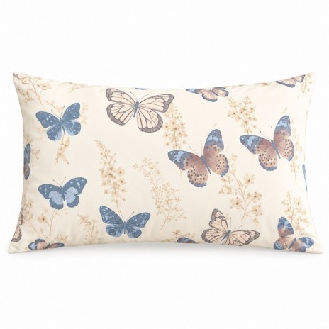Set Elery bej cu fluturi albastri si roz, bumbac ranforce, cearsaf pilota 160x220 si fata de perna