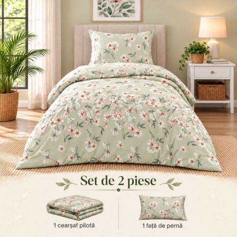 Set 2 piese Nevada Mint cu flori albe si roz pal pe fond verde menta, cearsaf pilota 160x220 cm si o fata de perna