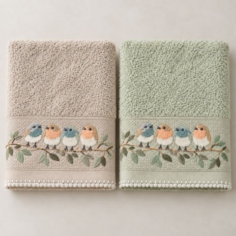 Set 2 prosoape Arliva Home 50x90 cm, bej si verde, din bumbac cu broderie pasarele, in cutie