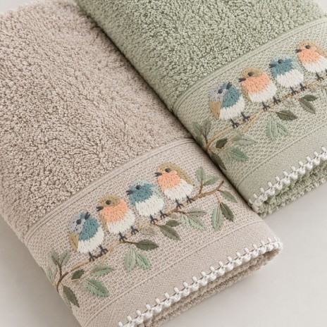 Set 2 prosoape Arliva Home 50x90 cm, bej si verde, din bumbac cu broderie pasarele, in cutie