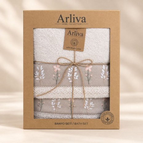 Set 2 prosoape bej Arliva Home cu broderie crengute si dantela, 50x90 si 70x140 cm