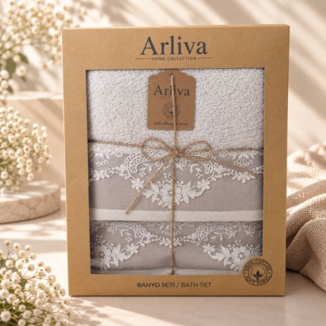 Set 2 prosoape bej Arliva Home din bumbac, 50x90 si 70x140 cm, cu bordura din dantela florala, in cutie