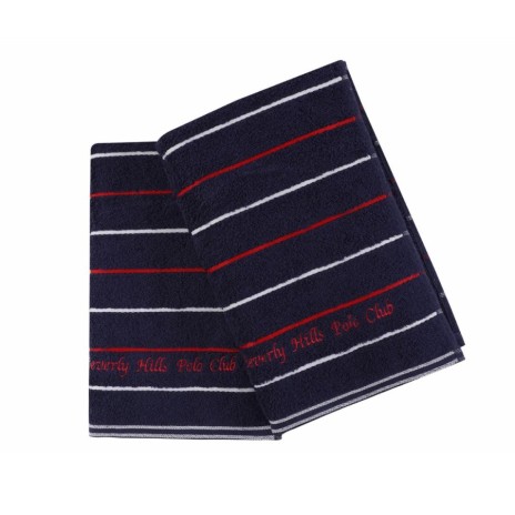 Set 2 prosoape Beverly Hills Polo Club 70x140cm bumbac 100%, bleumarin cu dungi albe și roșii, densitate 480g/mp